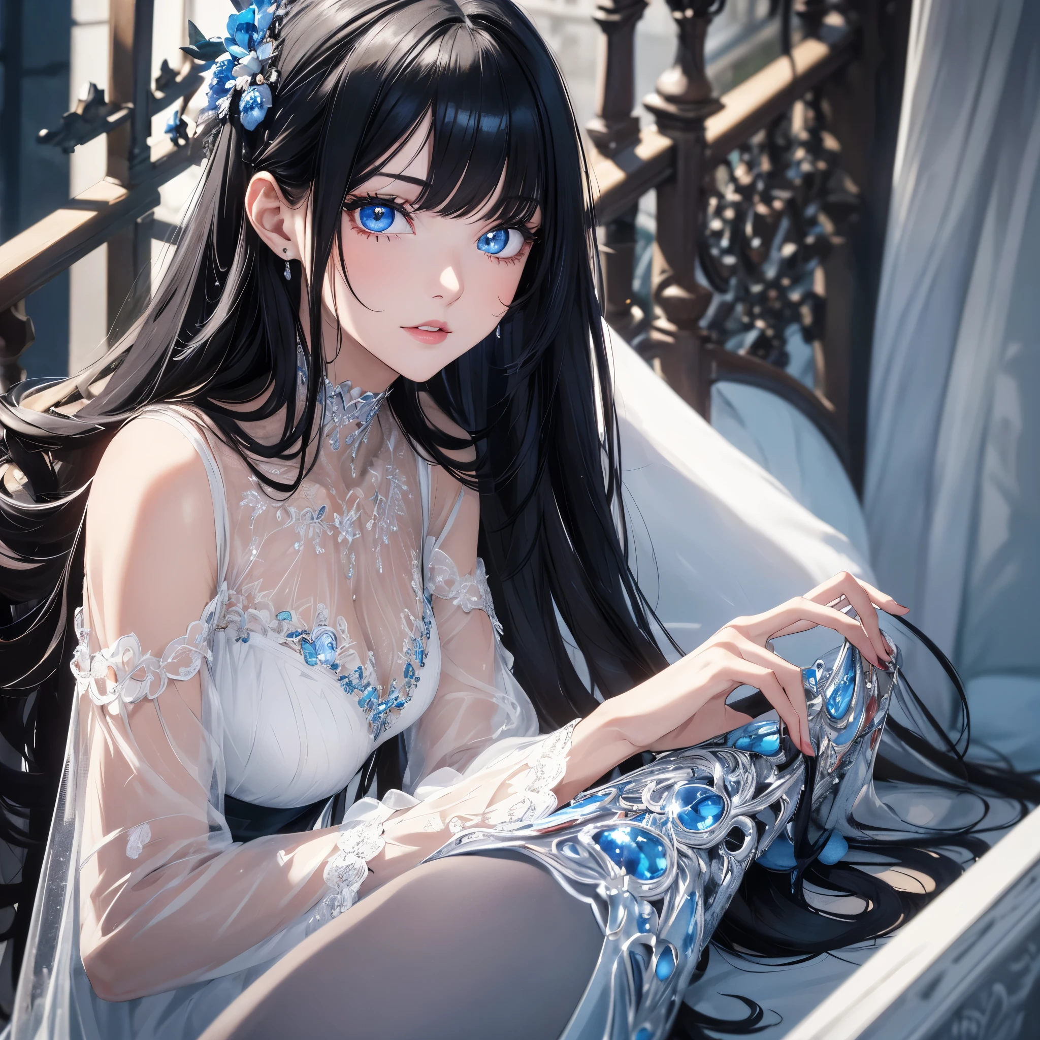 absurderes, ultra-detailliert,bright colour,(in 8K:1.1),masuter piece,extremely beautiful detailed face and eyes, 25 years old one girl,(Smooth straight black hair:1.1), (Shiny straight long hair:1.1),(Pattsun bangs:1.1) Delicate beautiful face, red blush、(Deep blue eyes:1.1:), Natural Nice Spot, Detailed face.