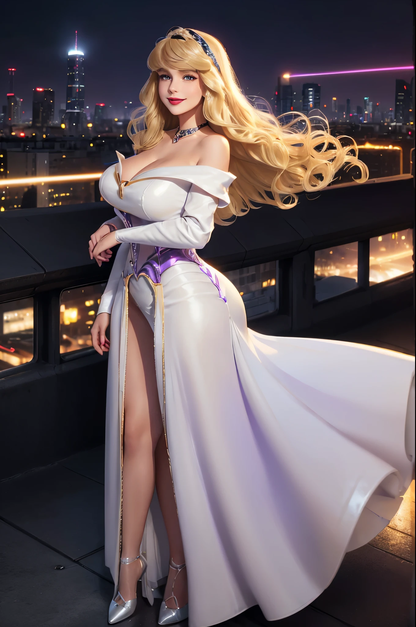 DisneyAurora 27 years old, Beautiful woman (((shoulder length wavy blonde hair))) (bangs:1.2) (sparkling white dress, long skirt) (purple eyes) defined body, Red lipstick, smiling, hands free, standing, high tech cyberpunk city rooftop, night, (huge_breasts:1.2) (curvy:1.2)