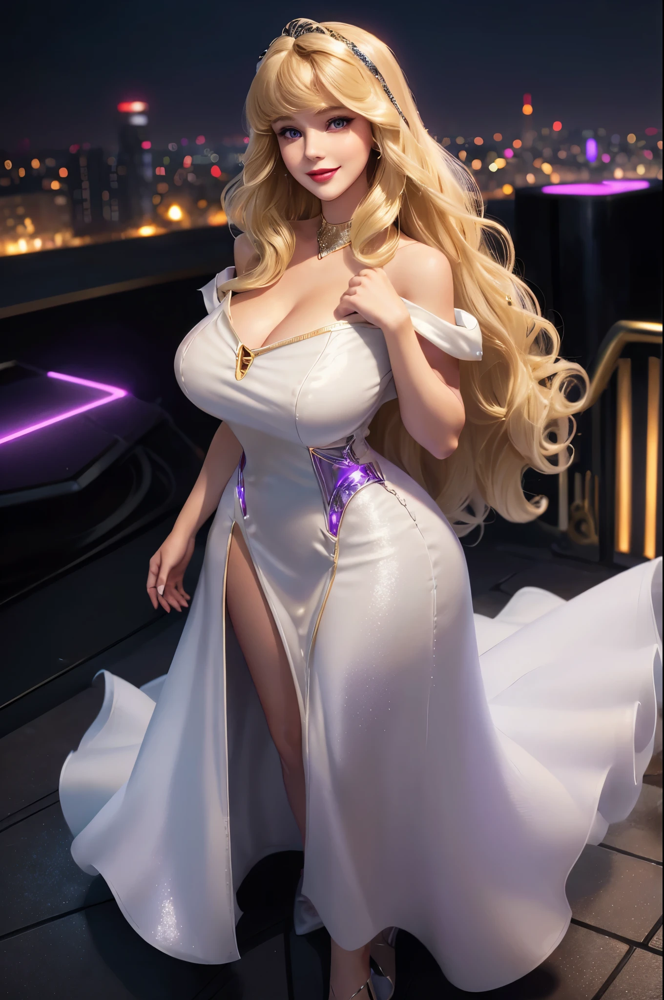 DisneyAurora 27 years old, Beautiful woman (((shoulder length wavy blonde hair))) (bangs:1.2) (sparkling white dress, long skirt) (purple eyes) defined body, Red lipstick, smiling, hands free, standing, high tech cyberpunk city rooftop, night, (huge_breasts:1.2) (curvy:1.2)