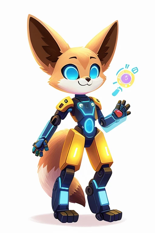 The Q version of the cute android fox, hologram body, android, fennec fox, robotic body, holograms, white background, paws, beans 