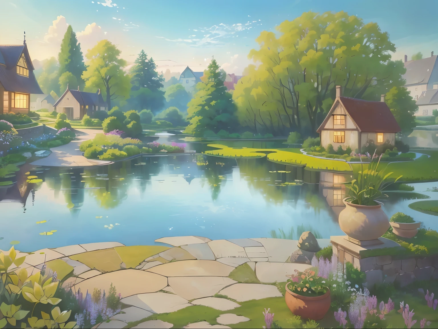 A painting of a beautiful garden with a pond and a house, Beautiful art UHD 4K, anime rural scenery, Fairy tale style background, Detailed 4k, anime background technology, Detailed scenery —width 672, 4K Fine Digital Art, background technologywork, A beautiful artistic illustration, Amazing background, background technology, In the anime painter studio