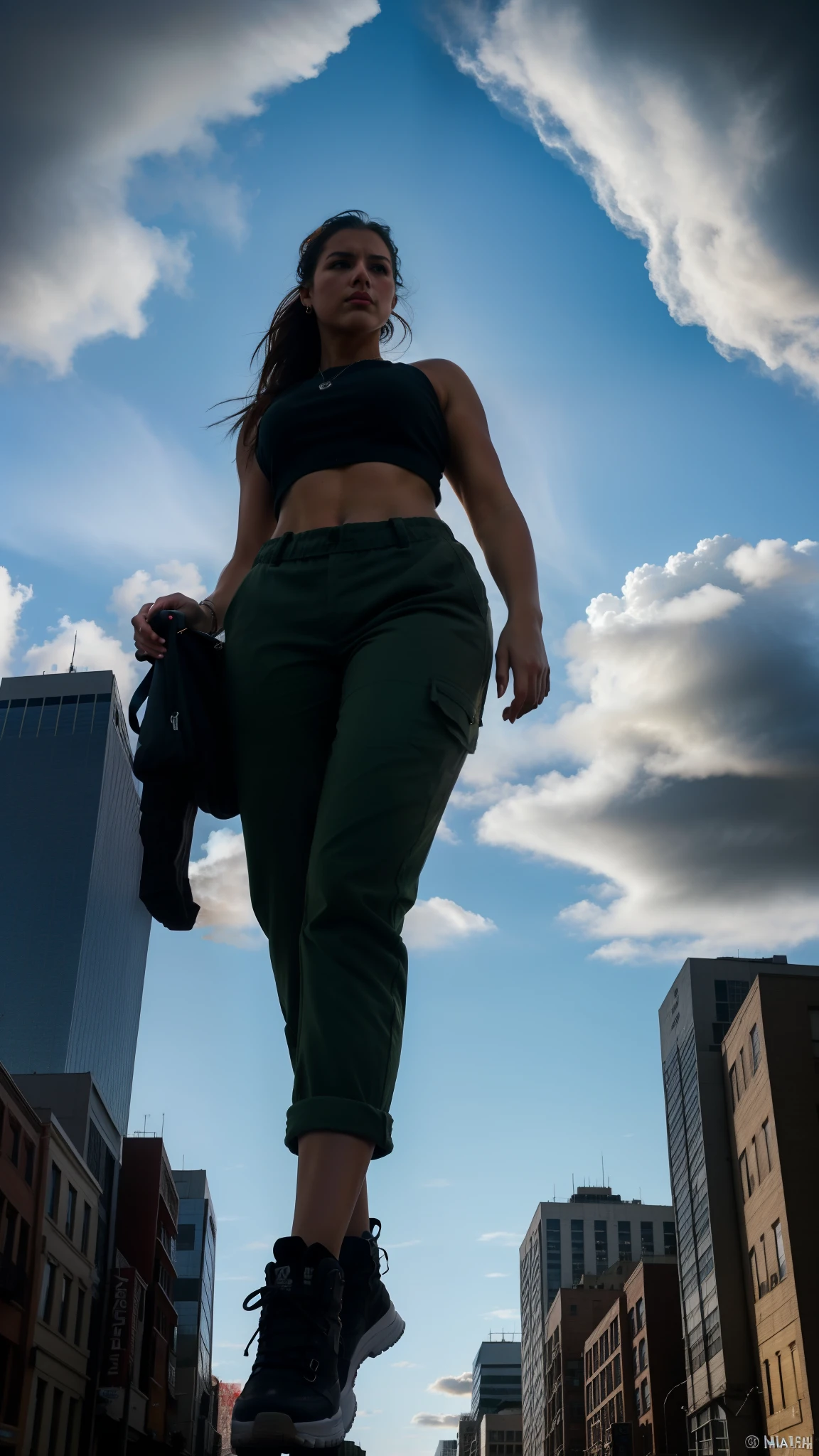 "A towering Giantess in a cool and laid-back hippie style is rocking a crop top and baggy pants. Her toned and athletic build hints at her massive strength. She seems to be casually strolling through the bustling cityscape of GTS City, as towering buildings loom overhead. Smoke and clouds roil around her, adding to the sense of epic scale and drama. The lighting is dark, gloomy, and realistic, creating a tense and ominous atmosphere. The perspective is from below, emphasizing the sheer majesty and power of the Giantess."