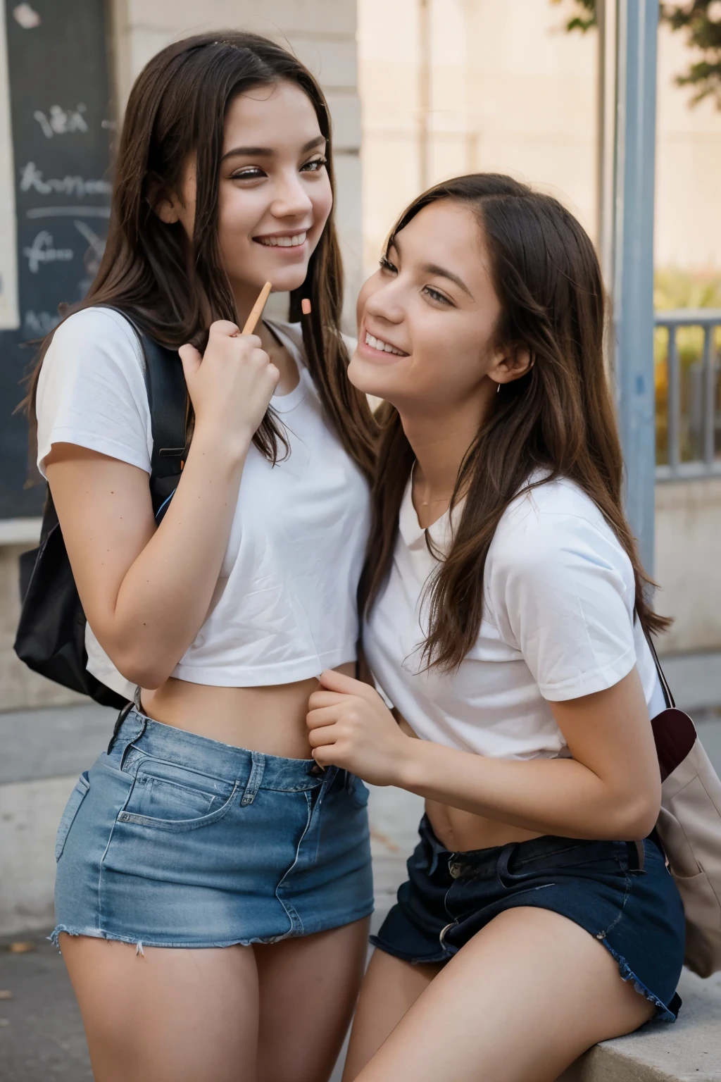 Create an image of two friends who like each other too much sharing their pencils at school 