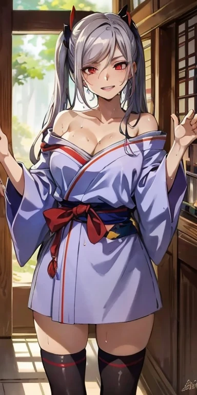 silver hair, Double tail, bow, Red Eyes, anexistomically correct, Epic Art, fantasy, 1 Girl, Japanese_clothing, Salahi, High Leg Raise, kimono, long_hair, clavicle, Watching_exist_Viewer, breast, ((((Cleavage))), short_kimono, leave_Shoulder, Empty eyes, facing Viewer, giggle, Upper Fang, Lips, Red Eyes, sweexisting, wet, Watching exist Viewer,