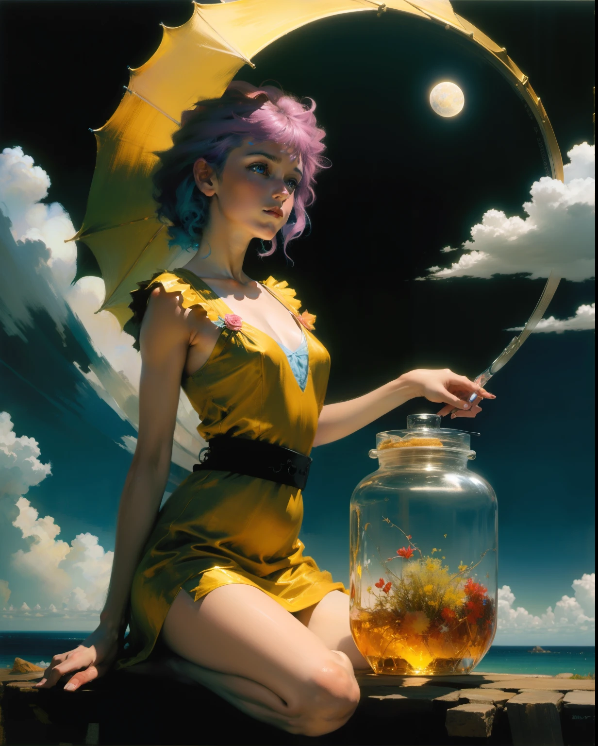 (tmasterpiece,top-quality,best qualityer,,offcial art,Beauty and aesthetics:1.2),(1girll:1.3),(s fractal art:1.3),The upper part of the body,Elegant dress,seen from the side,looking at viewert,(rainbow colour hair,The color hair,Half blue and half pink hair:1.2),Eau,liquids,clouds,Colorful,Starry,As estrelas,