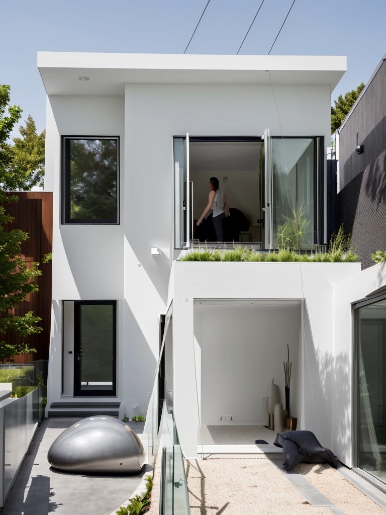 A modern, minimalist house with a blend of contemporary materials like glass stands elegantly in front of a sidewalk and a road. This house exudes simplicity and sophistication through its clean lines and functional design.

The exterior of the house showcases a modern architectural style, predominantly employing glass and metal as its primary construction materials. The walls may be made of sleek concrete or smooth, minimalist panels. The clean geometric shapes and large windows allow ample natural light to flood the interior, giving an open and airy feel to the house.

Surrounded by a sidewalk and a well-kept road, the house integrates seamlessly with its urban setting. The sidewalk provides a pedestrian-friendly space, while the road offers accessibility for vehicles. The minimalistic landscaping complements the modern aesthetic of the house, creating an inviting and stylish presence within the neighborhood.