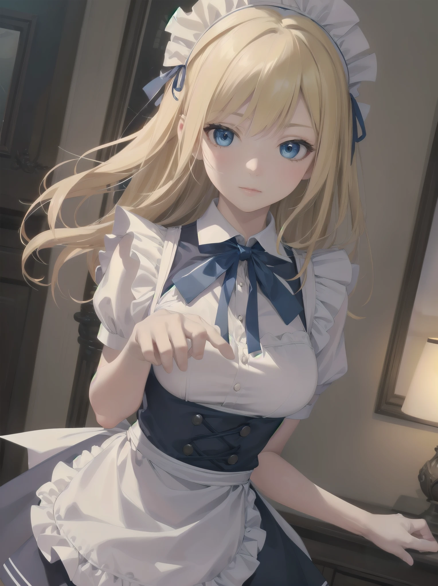 (Cowboy Shot:1.3),Blonde,Hello,blue eyes,tokidef, Maid, Maid headdress, Maid apron, Blue ribbon,masterpiece,Noise Reduction,Perfect Anatomy,High resolution, Very detailed,Game CG,Dutch Angle ,Beautiful fine details,Visual Arts,Five Fingers, Perfect hands, Perfect lighting,