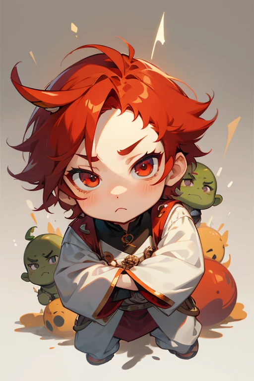 boy, full body, cartoon style, chibi style, cute, ogre horn, beautiful face, beautiful eye, high detailed pupil, double eyeylid, high detailed skin, high quality skin, red color hair, white clothes, masterpiece,