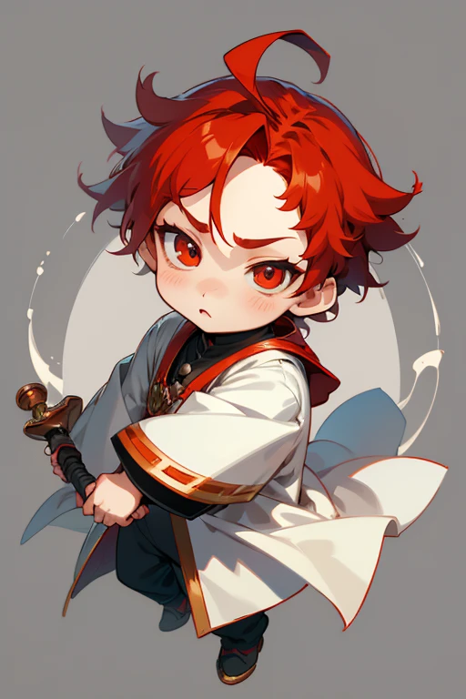 boy, full body, cartoon style, chibi style, cute, ogre horn, beautiful face, beautiful eye, high detailed pupil, double eyeylid, high detailed skin, high quality skin, red color hair, white clothes, masterpiece, 