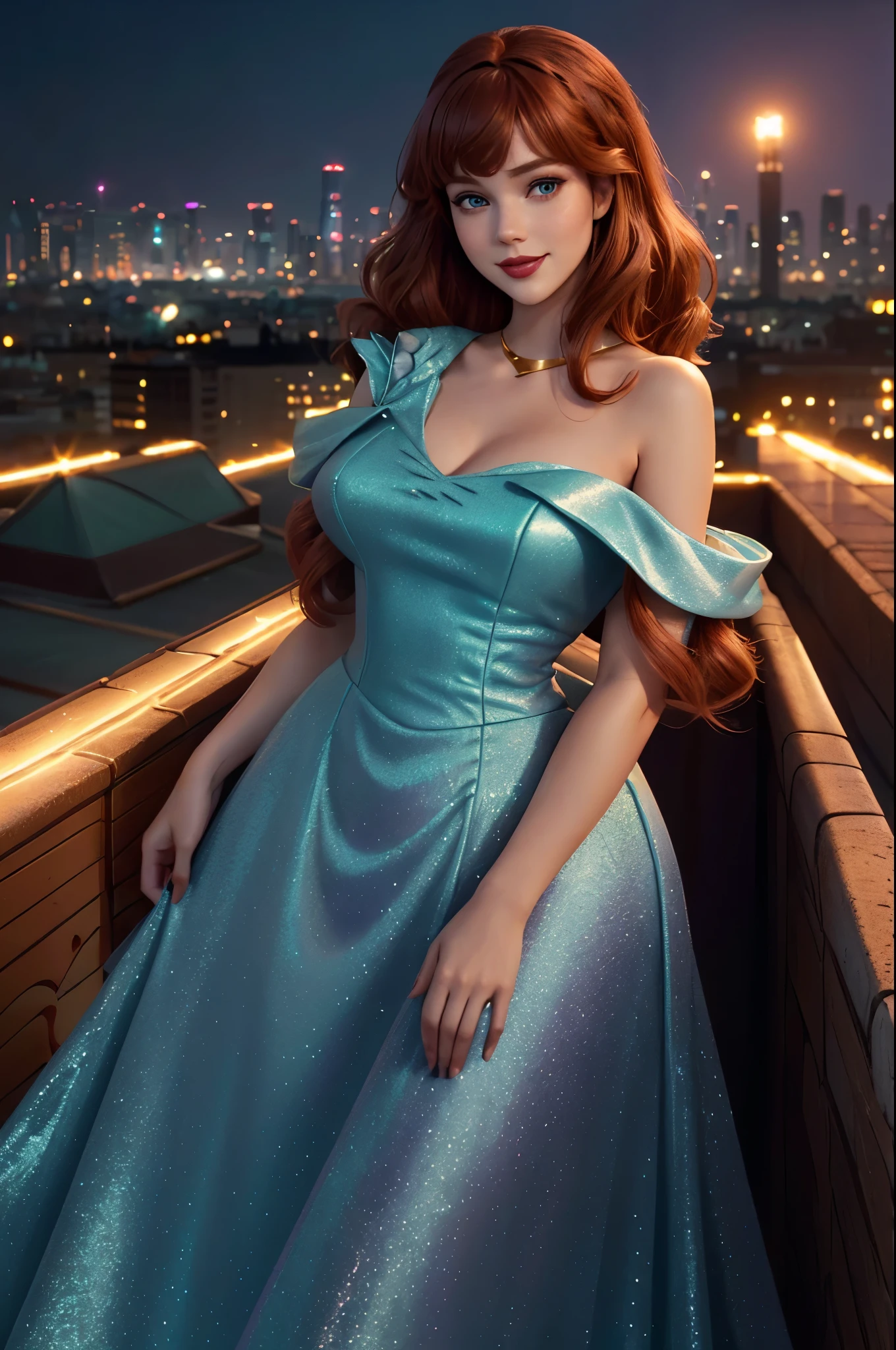 DisneyAurora 27 years old, ((( Taylor Swift:Emma Stone:0.7))) Beautiful woman (((shoulder length wavy auburn hair))) (bangs:1.2) (sparkling seafoam dress, long skirt) iridescent clothing (purple eyes) defined body, Red lipstick, smiling, hands free, standing, high tech cyberpunk city rooftop, night, (huge_breasts:1.2) (curvy:1.2)