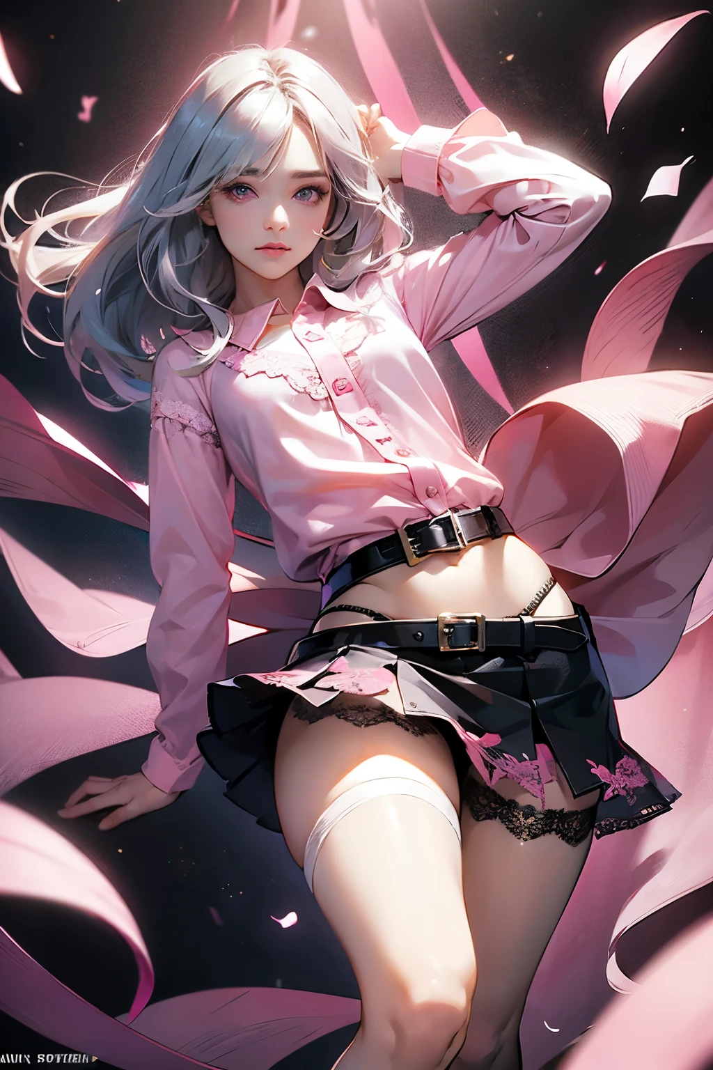 ((Lingerie Model)), zoom, masterpiece, highest quality, High resolution, Elizabeth, One girl, jewelry, Single knee socks, Silver Hair, Hair on one eye, abdomen, Black Skirt, Asymmetrical legwear, ((Pink Shirt)), No sleeve, Black knee socks, belt, Are standing