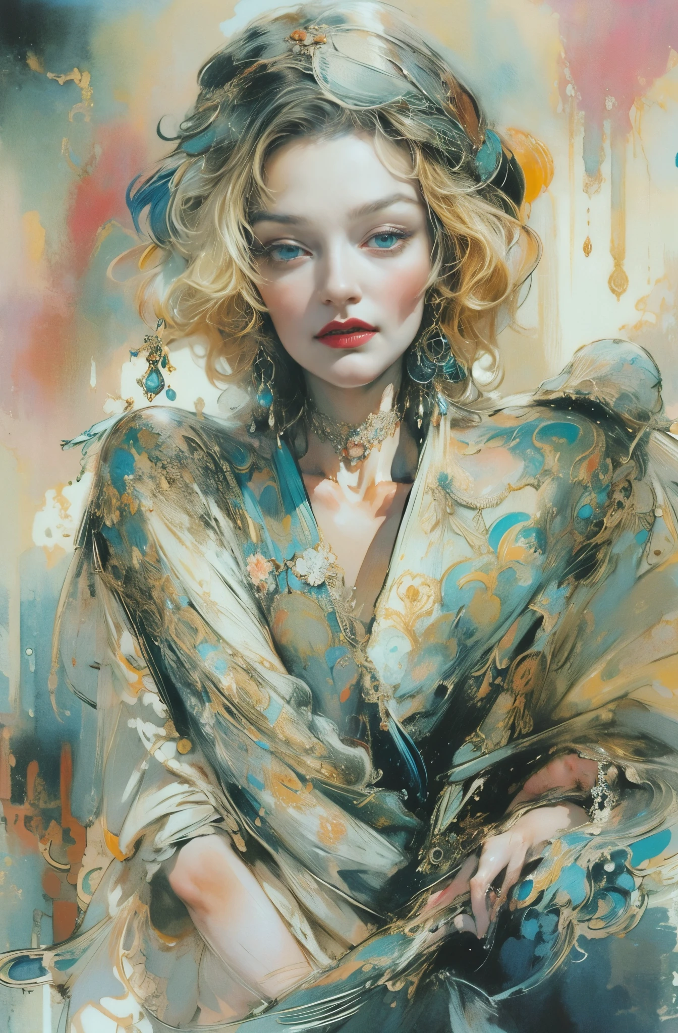 A beautiful portrait of a certain great actress, Marlene Dietrich, Icons of decadence, pretty much beautiful face, Ultra-detailed paintings inspired by WLOP, ArtStation Trends, Fantasy art, intricate WLOP, art of WLOP, WLOPart, WLOP |, the style of WLOP, Beautiful character drawings, WLOP painting style, WLOP | art germ, Unparalleled Beauty Tumbler, Figurative art, Intense watercolor, Watercolor detailed art, Watercolor splash, Surreal, Avant-garde pop art, Beautiful and expressive paintings, Beautiful artwork illustration, Very colorful tones, wonderful, Cool Beauty, masterpiece, highest quality, Official Art, women only, Sharp contours, Best Shot, Vector art, By Sandra Chevrier, Dave McKean、Richard Avedon、By Makiej Kusiala, Bright design