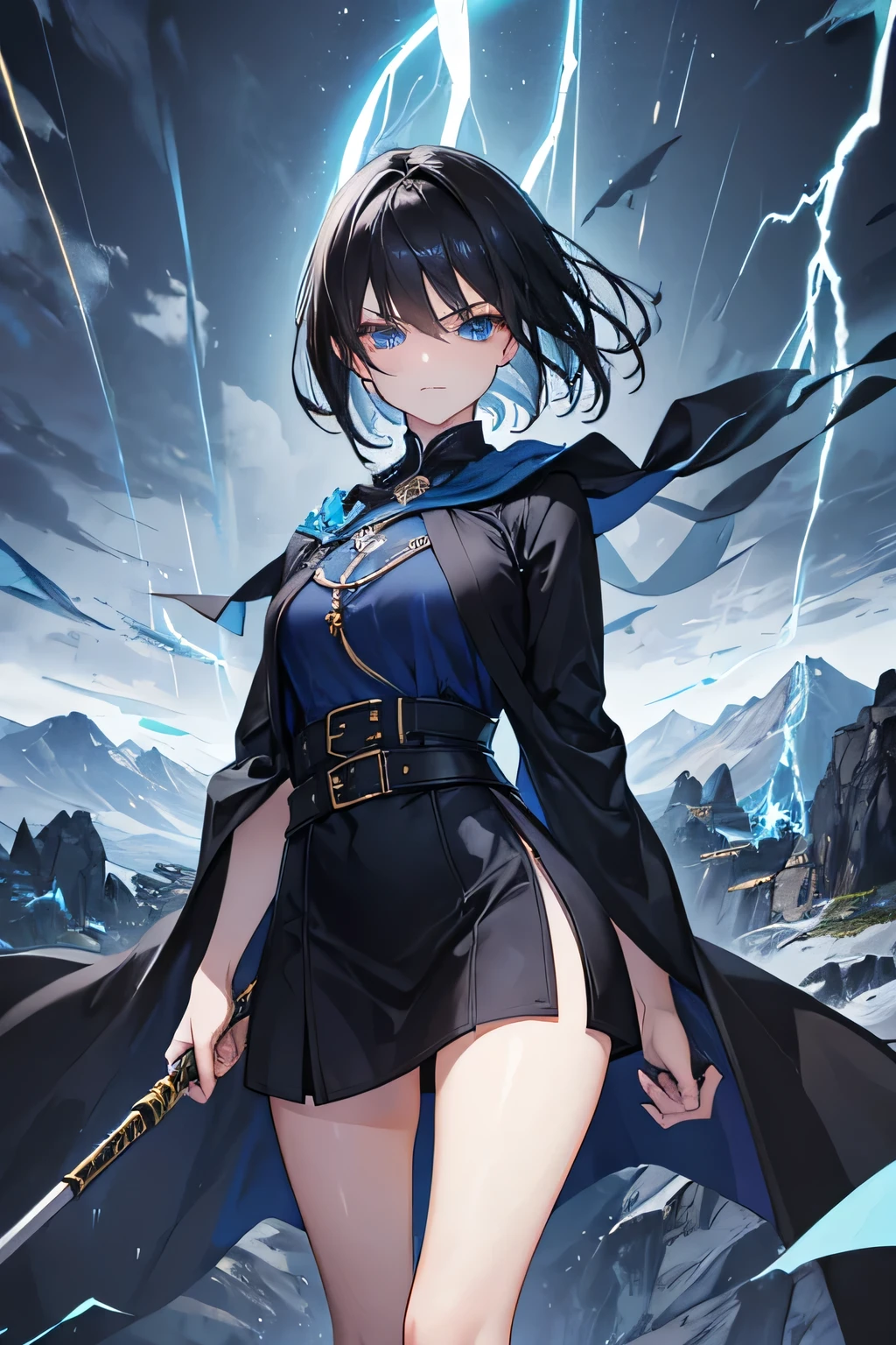 1girl, highly detailed, masterpiece, best quality, correct hands, correct eyes, short black hair, blue eyes, black robes, blue shirt, blue belt, medium sized breasts, defined curves, smug look, satisfied look, mountain background, in a storm, surronded by lightning, holding a staff, holding a sword, floating above the ground, in the middle of a storm