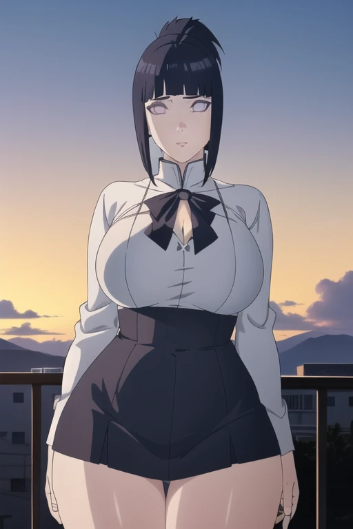 Anime Screenshots, masterpiece,fair detailed glow,Best lighting, extremely detailed CG unity 8k wallpaper, The best light,high resolution,detailed,Dynamic Lighting,super detailed skin,Intricate details, Ultra Detail, Crisp details,detailed, high resolution, Intricate details,(Exquisite facial features:1.3), 1 Girl, Hinata\(Boruto Naruto Next Generations\, Solitary, Cowboy shooting, (Ponytail:1.2),Solitary, Curvy beauty, (((Cleavage))), Thick thighs, Bare thighs, Mature female, full, Fat woman, White shirt, Female students_:1.2, outdoor,partly cloudy, (fair,Large target_breast:1.4), (fair_Face:1.5),(narrow_waist),(Energetic_color:1.2), closure_Mouth