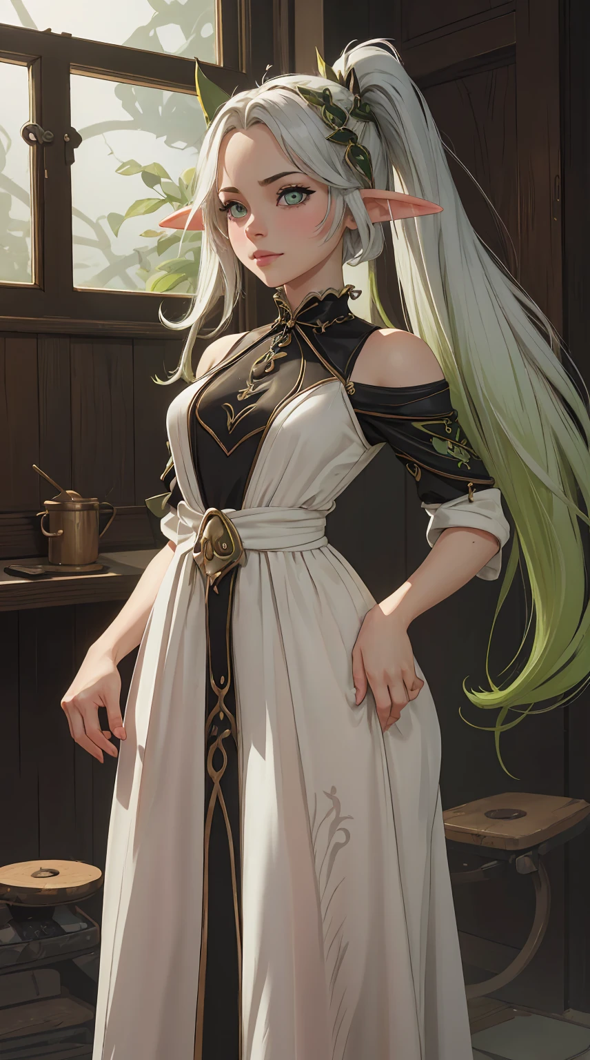 The girl stands and looks at the camera, pixie, elf ears, Beautiful elven ears, Girl in a gothic dress, long dress, floor-length dress, ponytail, High-quality beautiful eyes, Beautiful face, high quality face, dark sky, Thin, Wet waist, a slim body, model appearance, confusion, sexuality, Cute beautiful anime woman, detailed digital anime art, beautiful anime girl, beautiful anime girl, Anime with small details, Best quality, masterpiece, ultra detailed, Beautiful, a high resolution, original,CG 8K ультраrealistic, perfect work of art, Beautiful face, Facial cleanliness, skin, гиперrealistic, ultra detailed, detailed eye, Dramatic lighting, (realistic) realistic, Full HD, Best quality, Best quality, Beautiful lighting, (8k wallpapers with extremely detailed computer graphics), High detail, sharp focus, The art of dramatic and photorealistic painting., beautiful smile,