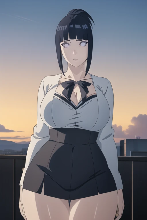 Anime Screenshots, masterpiece,fair detailed glow,Best lighting, extremely detailed CG unity 8k wallpaper, The best light,high resolution,detailed,Dynamic Lighting,super detailed skin,Intricate details, Ultra Detail, Crisp details,detailed, high resolution, Intricate details,(Exquisite facial features:1.3), 1 Girl, Hinata\(Boruto Naruto Next Generations\, Solitary, Cowboy shooting, (Ponytail:1.2),Solitary, Curvy beauty, (((Cleavage))), Thick thighs, Bare thighs, Mature female, full, Fat woman, White shirt, Female students_:1.2, outdoor,partly cloudy, (fair,Large target_breast:1.4), (fair_Face:1.5),(narrow_waist),(Energetic_color:1.2), closure_Mouth