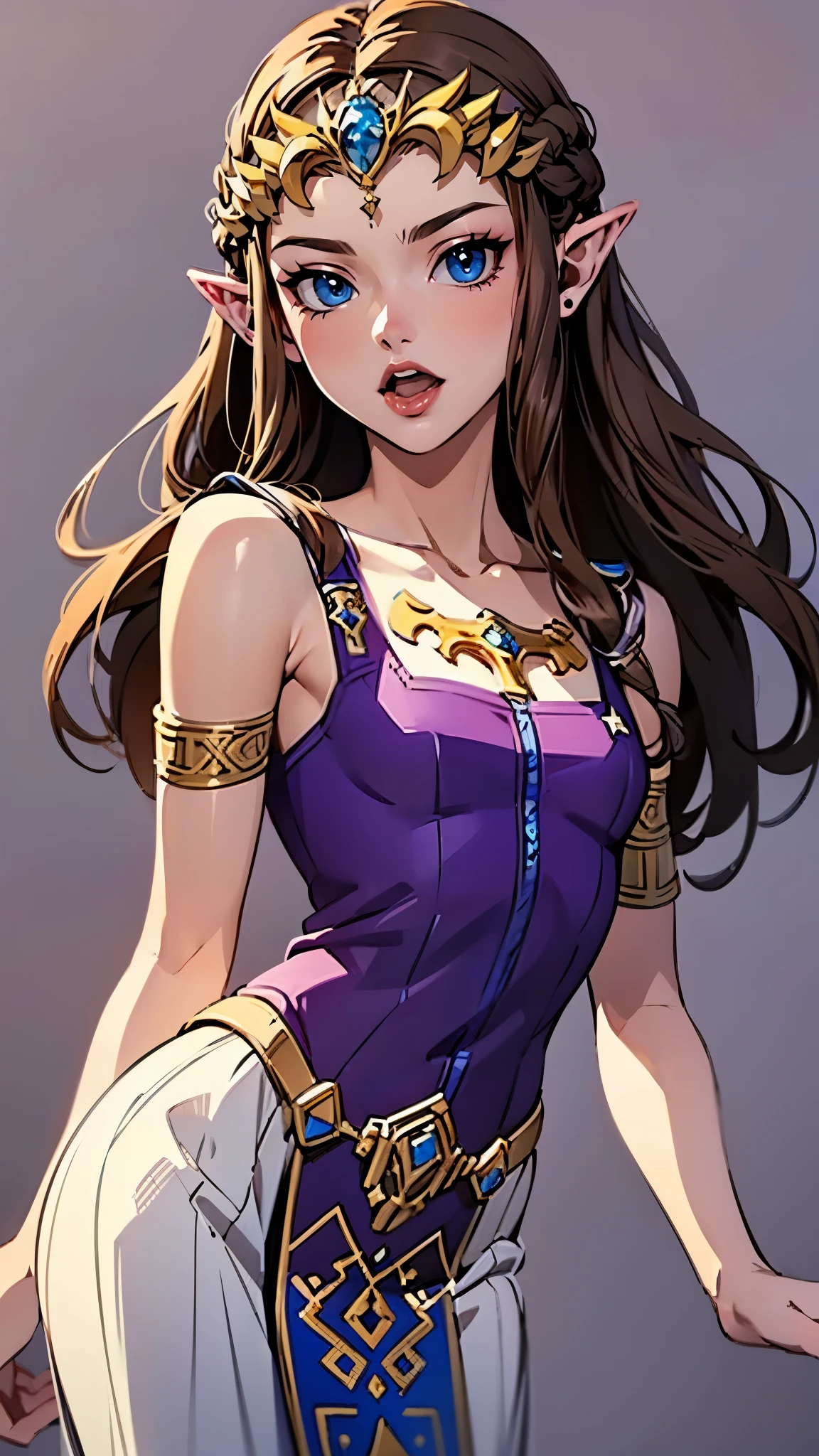 8K high quality, high accuracy, princess zelda, beautiful figure, beautiful face, twilight princess, beautiful, bright, highlights in eyes, small ears, brown hair, beautiful line drawing. Open mouth, tongue sticking out, purple background, blue eyes, head only depicted,