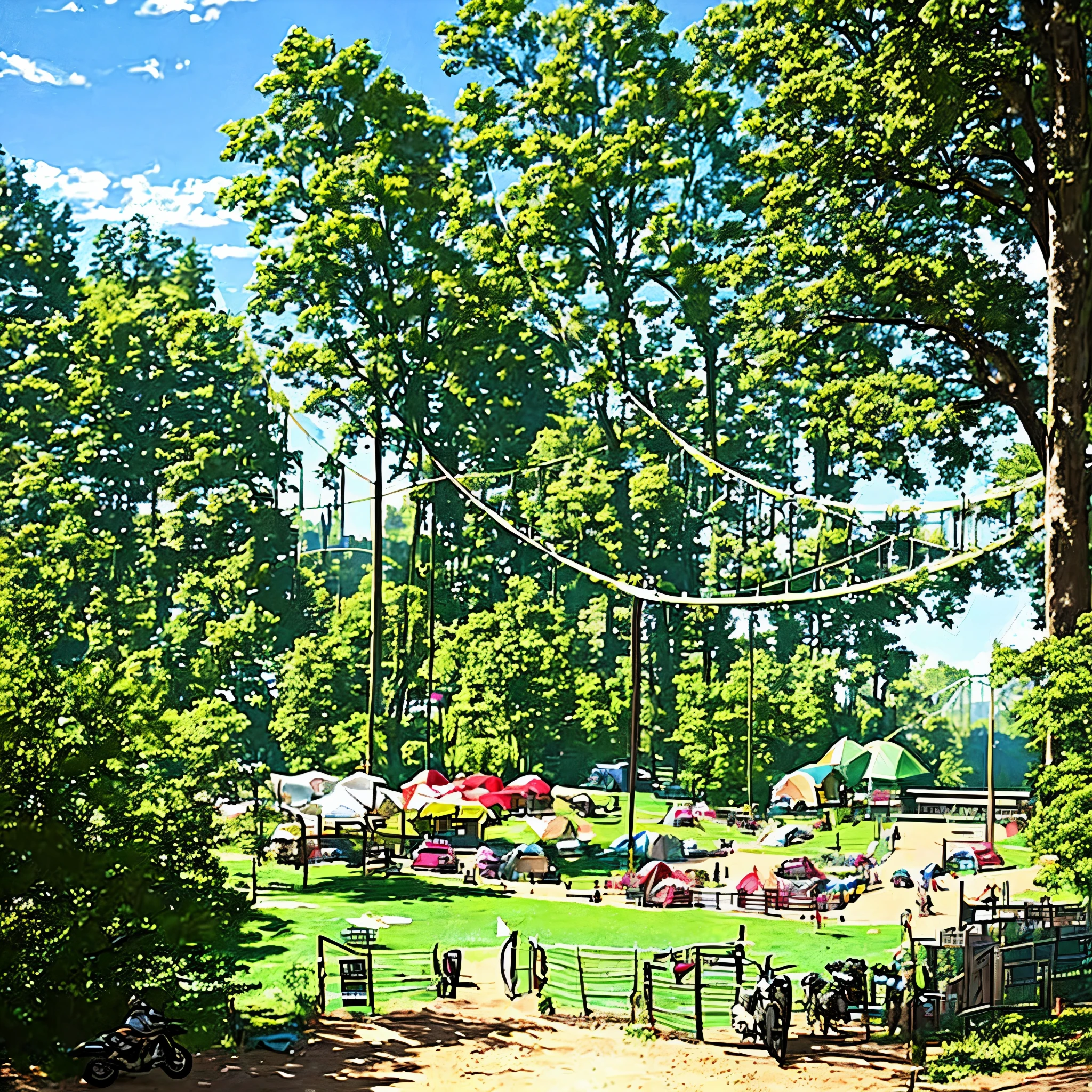 A large park where there is a motorcycle track, where there is a horse stable, where there is a camping site, where there is a zip line with a suspension bridge
