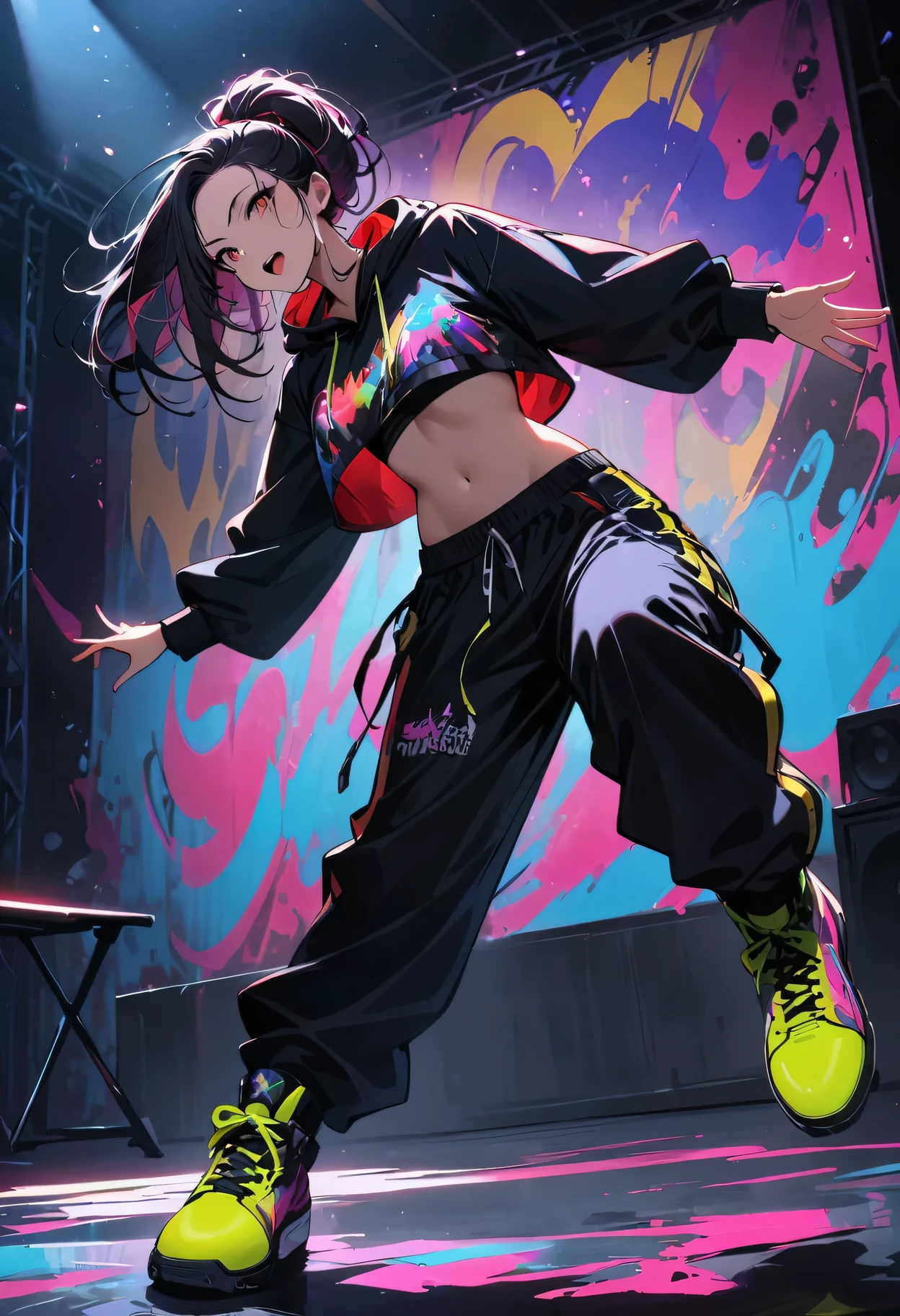 (best quality,4k,8k,highres,masterpiece:1.2),ultra-detailed,A hip-hop idol on stage,hip-hop style clothing,attention to detail,talented performers,energetic atmosphere,vibrant stage lights,expressive dance moves,highly intense performance,exciting music beats,catchy rap lyrics,Dynamic stage lighting,cool graffiti backdrop,colorful sneakers,dynamic camera angles,body popping and locking,fierce breakdance,Unapologetic attitude，Otherworldly characters，Otherworldly gestures，Impressive artistic skill，confident demeanor，Contagious energy，,slick dance routines,hip-hop culture celebration,high-energy hip-hop performance,lively stage atmosphere