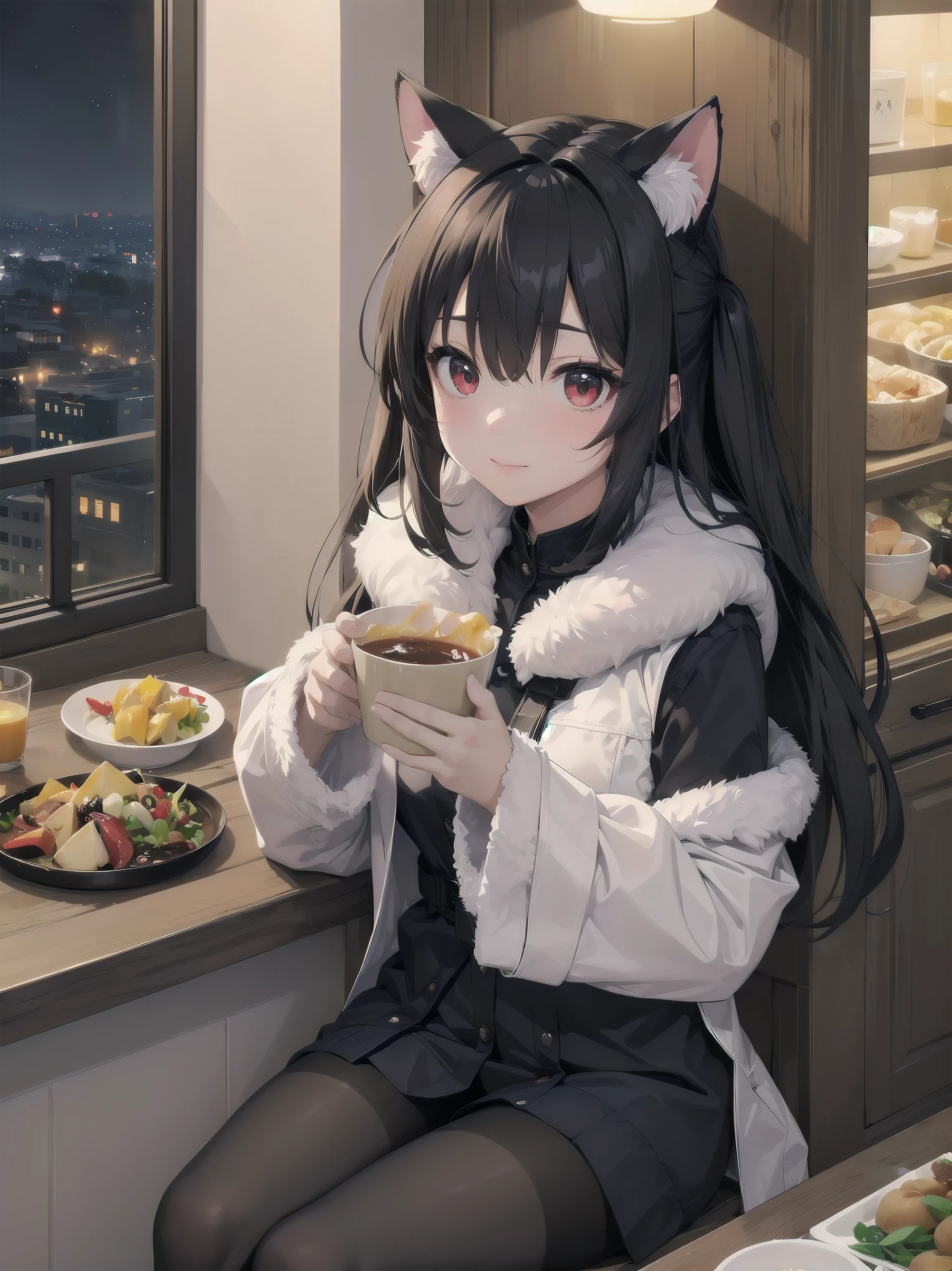 cute娘, One girl, 猫耳Food, ((cute)), masterpiece, highest quality, Perfect Face, Foodie, Food, look up, both hands, thin, fur, comfortable, warm, window, night, long Foodie, no_pants, 4K, wallpaper, close, Digital Art, Anime Style, Beautiful Eyes, Intimate, detailed, warm colors, Red eyes、Black pantyhose