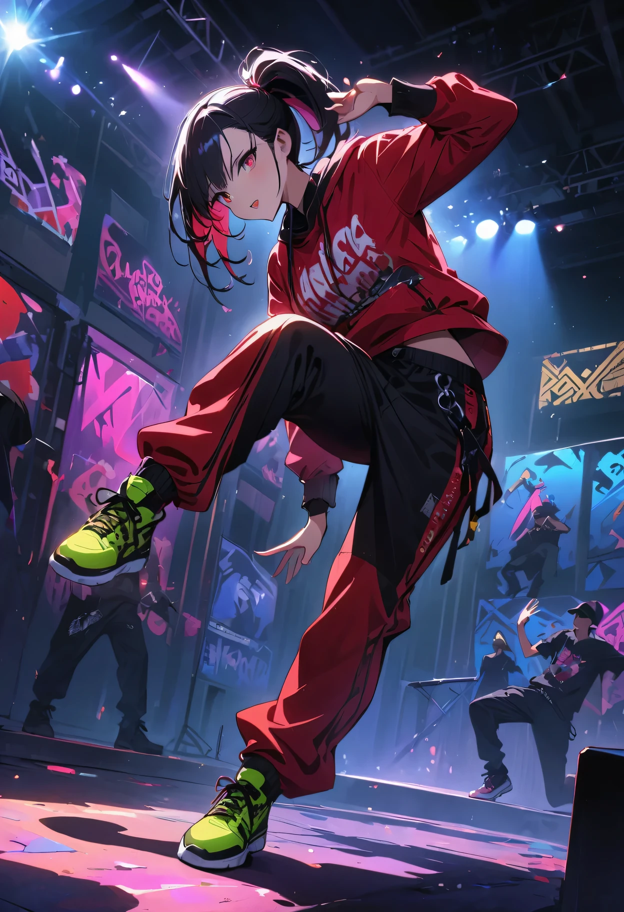 (best quality,4k,8k,highres,masterpiece:1.2),ultra-detailed,A hip-hop idol on stage,hip-hop style clothing,attention to detail,talented performers,energetic atmosphere,vibrant stage lights,expressive dance moves,highly intense performance,exciting music beats,catchy rap lyrics,Dynamic stage lighting,cool graffiti backdrop,colorful sneakers,dynamic camera angles,body popping and locking,fierce breakdance,Unapologetic attitude，Otherworldly characters，Otherworldly gestures，Impressive artistic skill，confident demeanor，Contagious energy，,slick dance routines,hip-hop culture celebration,high-energy hip-hop performance,lively stage atmosphere