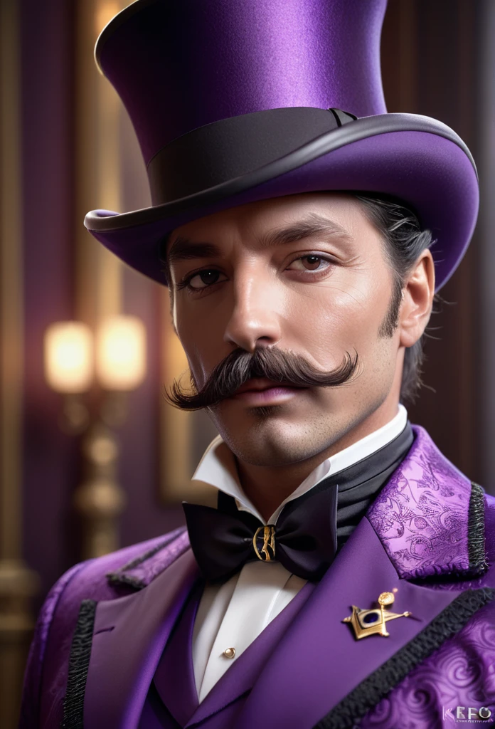Close-up of a man in a purple suit and top hat, character portrait, inspired by Cedric Soth (Keos Freemasons), trends in cg society, fantasy art, Michael Horse (Unreal engine, Guy in purple fancy suit, top hat and luxurious mustache, an aristocrat, purple magic, dressed in purple, he wears a top hat