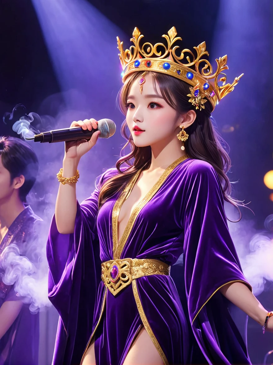 (Vision:1.5)，1girl, concert，audience, (Idol stage)，weekend，站在金碧辉煌的Idol stage上，Wearing a golden crown，Dressed in a royal purple velvet robe，Wearing exquisite jewelry，Under the stage lights，A confident expression，The slim microphone fits in your hand，The stage is filled with smoke，Lights focus on people，It creates a mysterious and charming atmosphere，Beautiful eyes and lips，Even more attractive against the shadow background，Laser shows and moving stage effects complement the pulsating neon lights，Create a vibrant performance atmosphere，The stage floor is gleaming，The crowd was enthusiastic，Warm atmosphere，Eye-catching stage design，Full of technology，World-class production standards，Bringing a modern entertainment experience，Music and images blend perfectly，Demonstrating artistic expression and musical talent，The charming stage style makes people intoxicated，Best quality，8K, high resolution，masterpiece，Photorealistic effects，