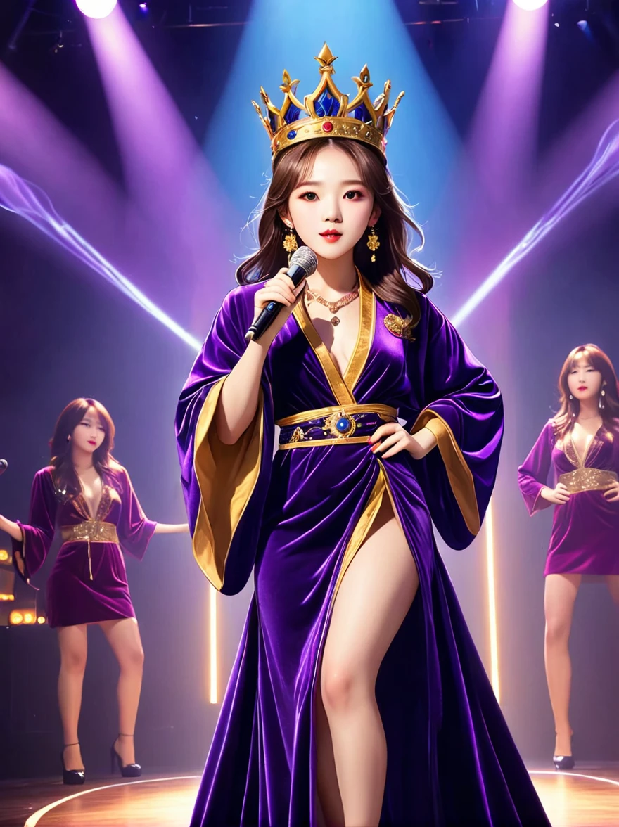 (Vision:1.5)，1girl, concert，audience, (Idol stage)，weekend，站在金碧辉煌的Idol stage上，Wearing a golden crown，Dressed in a royal purple velvet robe，Wearing exquisite jewelry，Under the stage lights，A confident expression，The slim microphone fits in your hand，The stage is filled with smoke，Lights focus on people，It creates a mysterious and charming atmosphere，Beautiful eyes and lips，Even more attractive against the shadow background，Laser shows and moving stage effects complement the pulsating neon lights，Create a vibrant performance atmosphere，The stage floor is gleaming，The crowd was enthusiastic，Warm atmosphere，Eye-catching stage design，Full of technology，World-class production standards，Bringing a modern entertainment experience，Music and images blend perfectly，Demonstrating artistic expression and musical talent，The charming stage style makes people intoxicated，Best quality，8K, high resolution，masterpiece，Photorealistic effects，