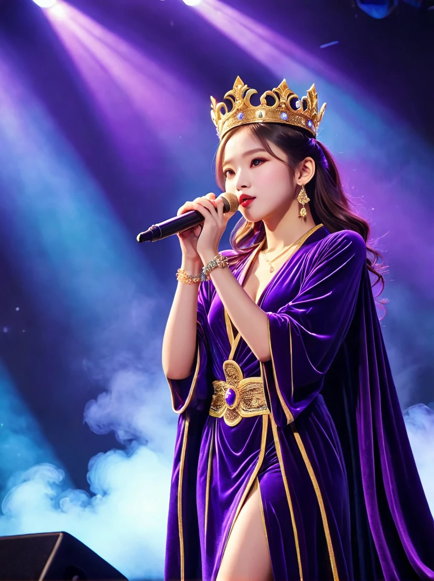 (Vision:1.5)，1girl, concert，audience, (Idol stage)，weekend，站在金碧辉煌的Idol stage上，Wearing a golden crown，Dressed in a royal purple velvet robe，Wearing exquisite jewelry，Under the stage lights，A confident expression，The slim microphone fits in your hand，The stage is filled with smoke，Lights focus on people，It creates a mysterious and charming atmosphere，Beautiful eyes and lips，Even more attractive against the shadow background，Laser shows and moving stage effects complement the pulsating neon lights，Create a vibrant performance atmosphere，The stage floor is gleaming，The crowd was enthusiastic，Warm atmosphere，Eye-catching stage design，Full of technology，World-class production standards，Bringing a modern entertainment experience，Music and images blend perfectly，Demonstrating artistic expression and musical talent，The charming stage style makes people intoxicated，Best quality，8K, high resolution，masterpiece，Photorealistic effects，