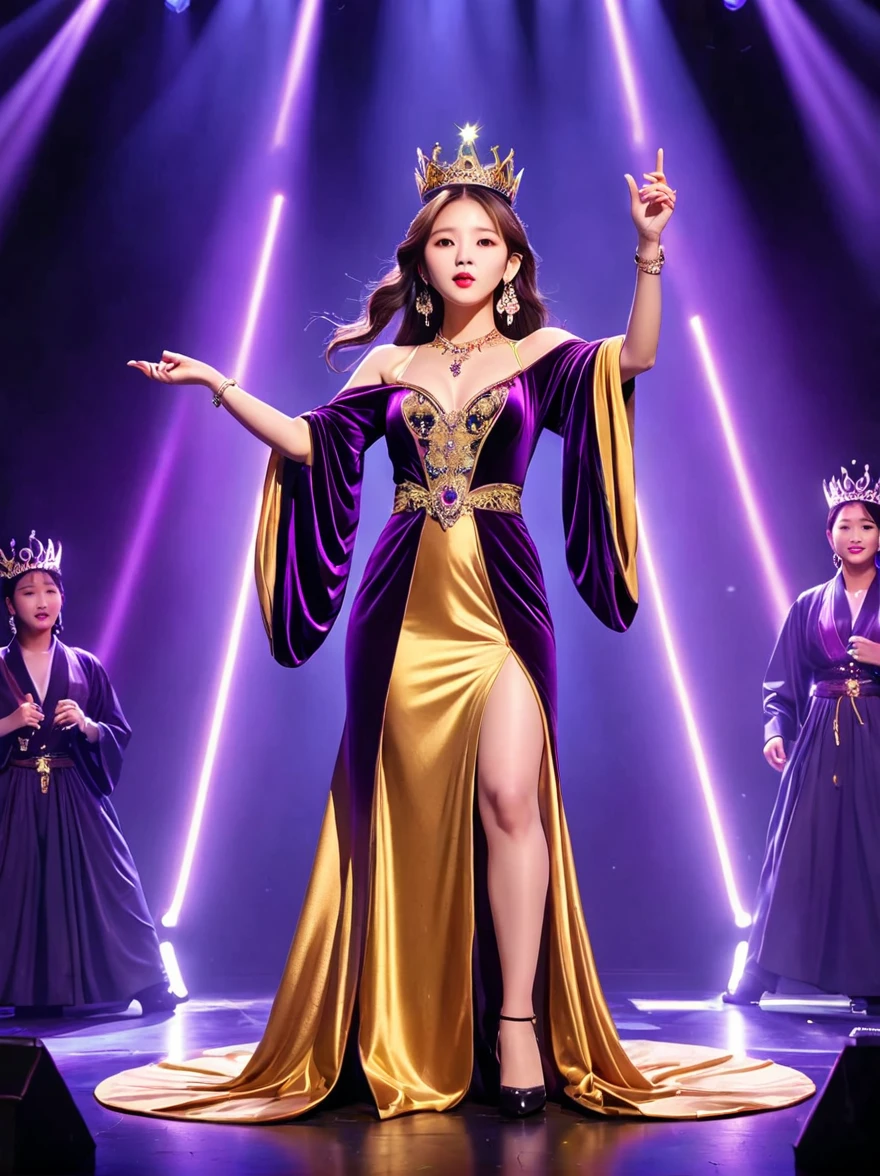 (Vision:1.5)，1girl, concert，audience, (Idol stage)，weekend，站在金碧辉煌的Idol stage上，Wearing a golden crown，Dressed in a royal purple velvet robe，Wearing exquisite jewelry，Under the stage lights，A confident expression，The slim microphone fits in your hand，The stage is filled with smoke，Lights focus on people，It creates a mysterious and charming atmosphere，Beautiful eyes and lips，Even more attractive against the shadow background，Laser shows and moving stage effects complement the pulsating neon lights，Create a vibrant performance atmosphere，The stage floor is gleaming，The crowd was enthusiastic，Warm atmosphere，Eye-catching stage design，Full of technology，World-class production standards，Bringing a modern entertainment experience，Music and images blend perfectly，Demonstrating artistic expression and musical talent，The charming stage style makes people intoxicated，Best quality，8K, high resolution，masterpiece，Photorealistic effects，