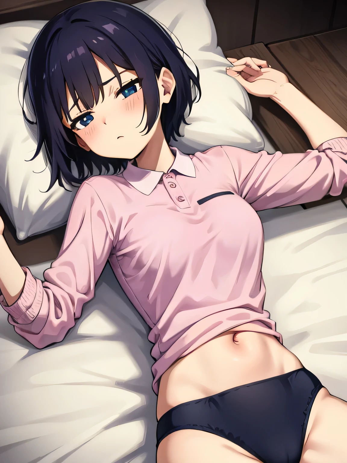 1. Beautiful woman in a pink polo shirt, short hair, Small breasts,Black Hair, Hospital Beautiful Cute High Quality Sleeping in bed Sexy Navel Black panties Kissed