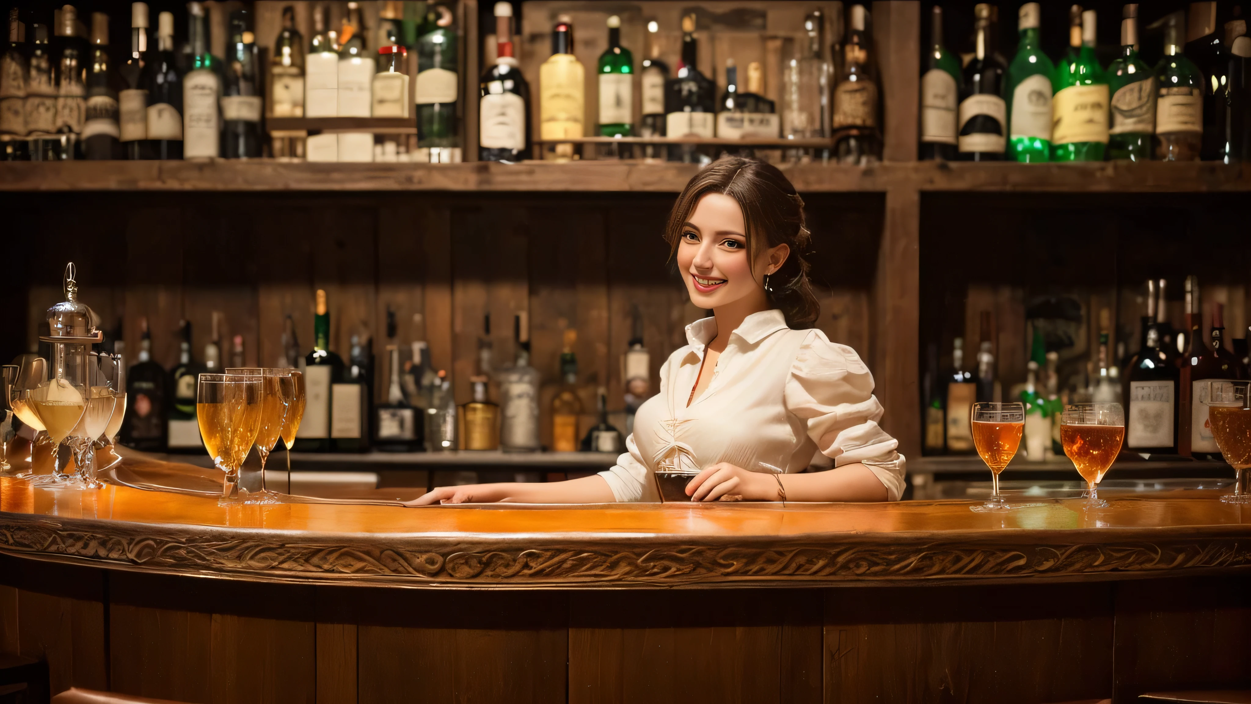 ((top-quality、masutepiece、8K、Top image quality、))、(italian woman photo:1.3)、medieval italian tavern、Western movie atmosphere、classic western atmosphere、medieval italian costumes、View me、a smile、、(perfect anatomia:1.2)、(Detailed and complex bar background:1.3)、(romantic mood night:1.1)、(Perfectly recreates the atmosphere of medieval Italy:1.3)、(classic:1.1)、(Fantasia:1.1)、(Cinematic:1.1)