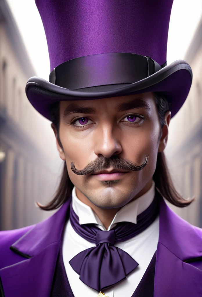 Close-up of a man in a purple suit and top hat, character portrait, inspired by Cedric Soth (Keos Freemasons), trends in cg society, fantasy art, Michael Horse (Unreal engine, Guy in purple fancy suit, top hat and luxurious mustache, an aristocrat, purple magic, dressed in purple, he wears a top hat