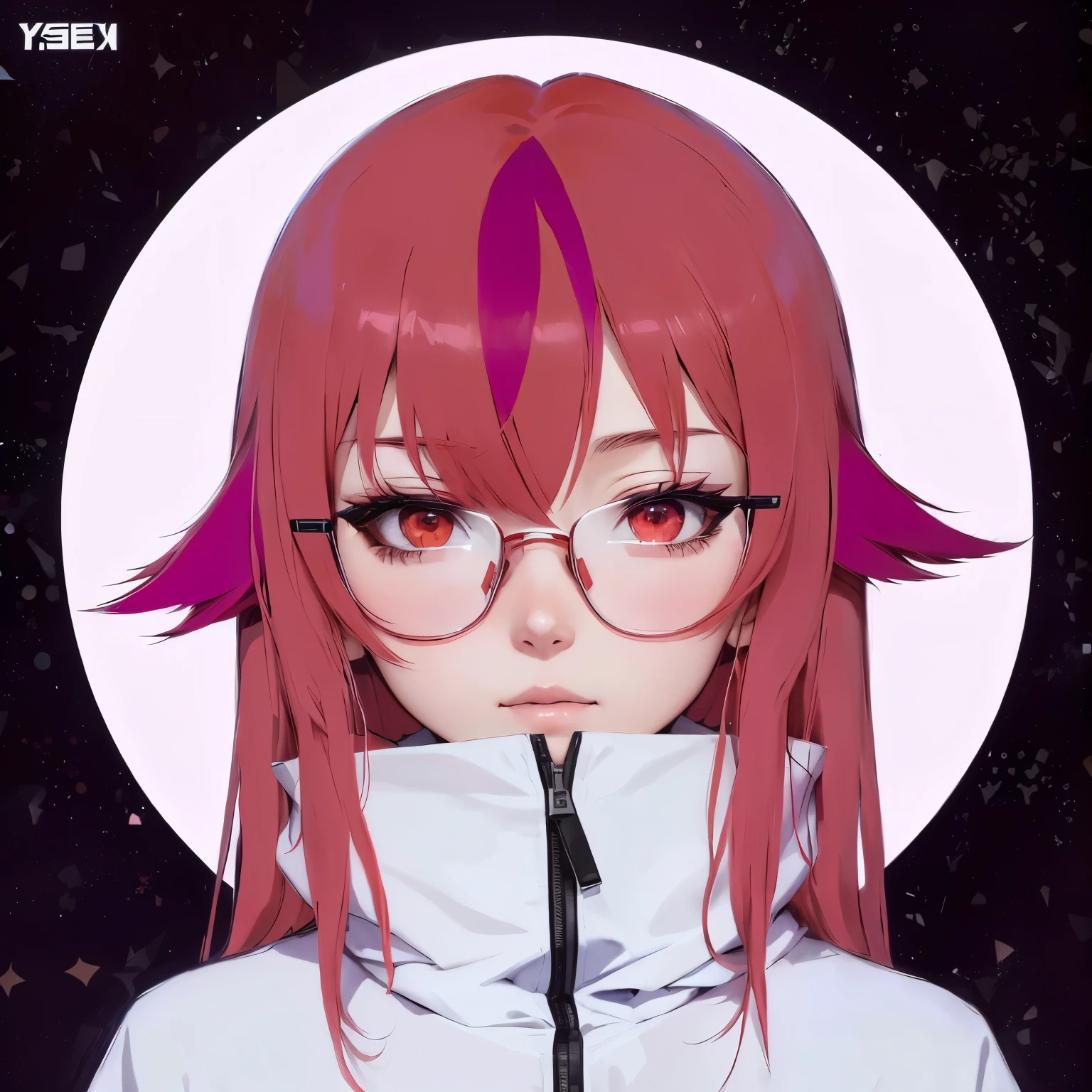 anime girl with red hair and glasses staring at something, anime moe artstyle, tsukasa dokite, in an anime style, inspired by Munakata Shikō, ( ( ( yoshinari yoh ) ) ), [[[[grinning evily]]]], inspired by Taiyō Matsumoto, in anime style, monika, small frown, inspired by Tite Kubo, arrancar