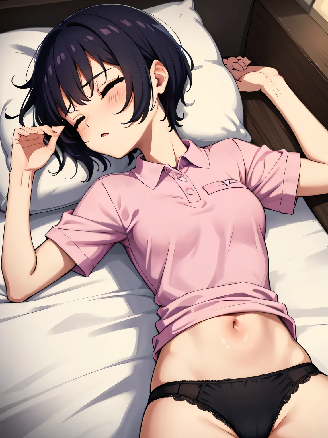 1. Beautiful woman in a pink polo shirt, short hair, Small breasts,Black Hair, Hospital Beautiful Cute High Quality Sleeping in bed Sexy Navel Black panties Kissed Short sleeves