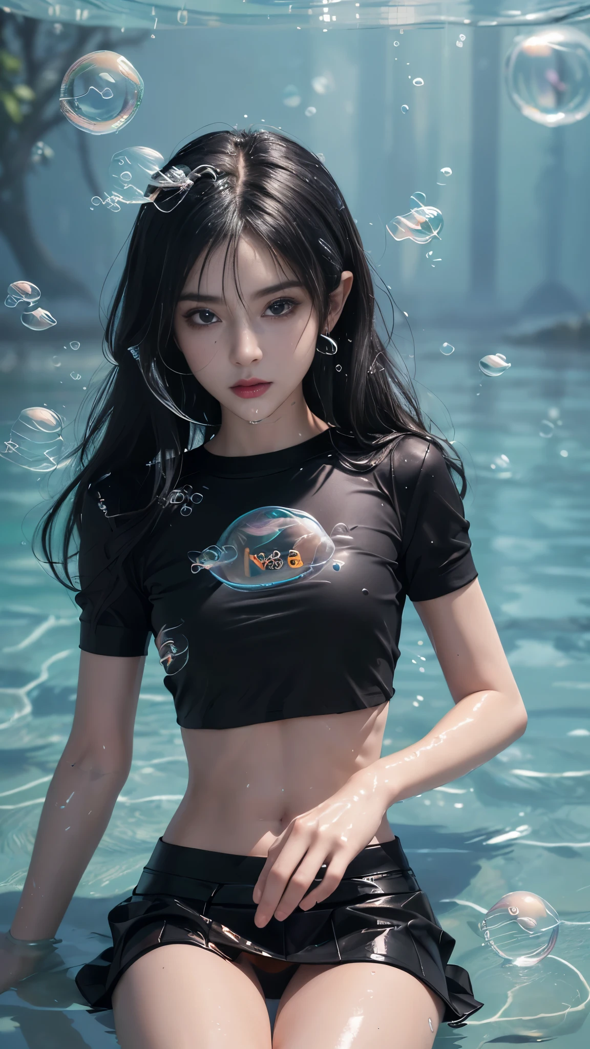 8K, ultra hd, masterpiece, (very detailed), 1 girl, 18 years old, ((glossy bosy)), slim body, ribs, bones, happy face, long hair, detailed eyes, detailed lips, small , (bubble cosplay:1.5), ((black mini skirt)), (black t-shirt:1.5), (strap t-shirt1.5), ((bare stomach)), loops, straps, realistic shadow, sea, morning, ((bubble:1.5)), (water bubbles:1.5), water, beautiful, rain, realistic water, water reflection, RTX 4090, ray tracing, bloom, bokeh, underwater, sitting,