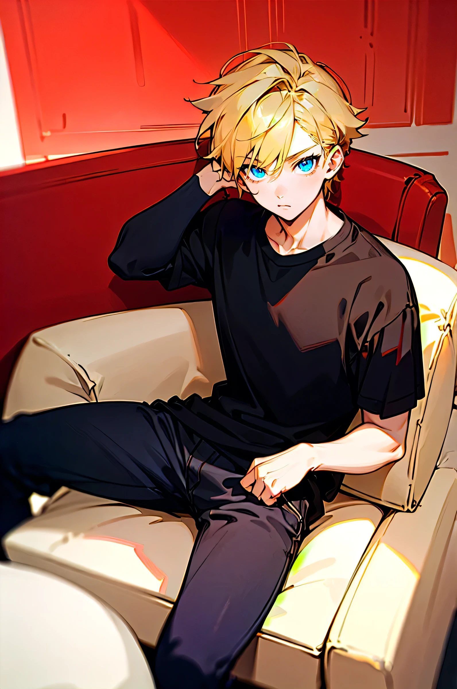 (blond boy:1.1, blue eyes:1.1), (looking at viewer:1.1), (masterpiece:1.2), (perfect light:1.1), (perfect colors:1.1), (manly), (casual clothing), (modern clothing), (sitting on sofa), (black clothes)