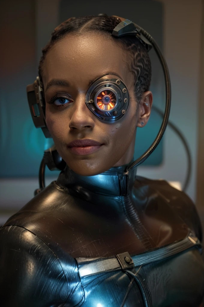 black woman, blue uniform, veins, cyborg, eyepatch, cables, luminescence, Rosalina, detailed face, detailed eyes, detailed lips, metallic texture, sci-fi, glowing lights, James Daly art style