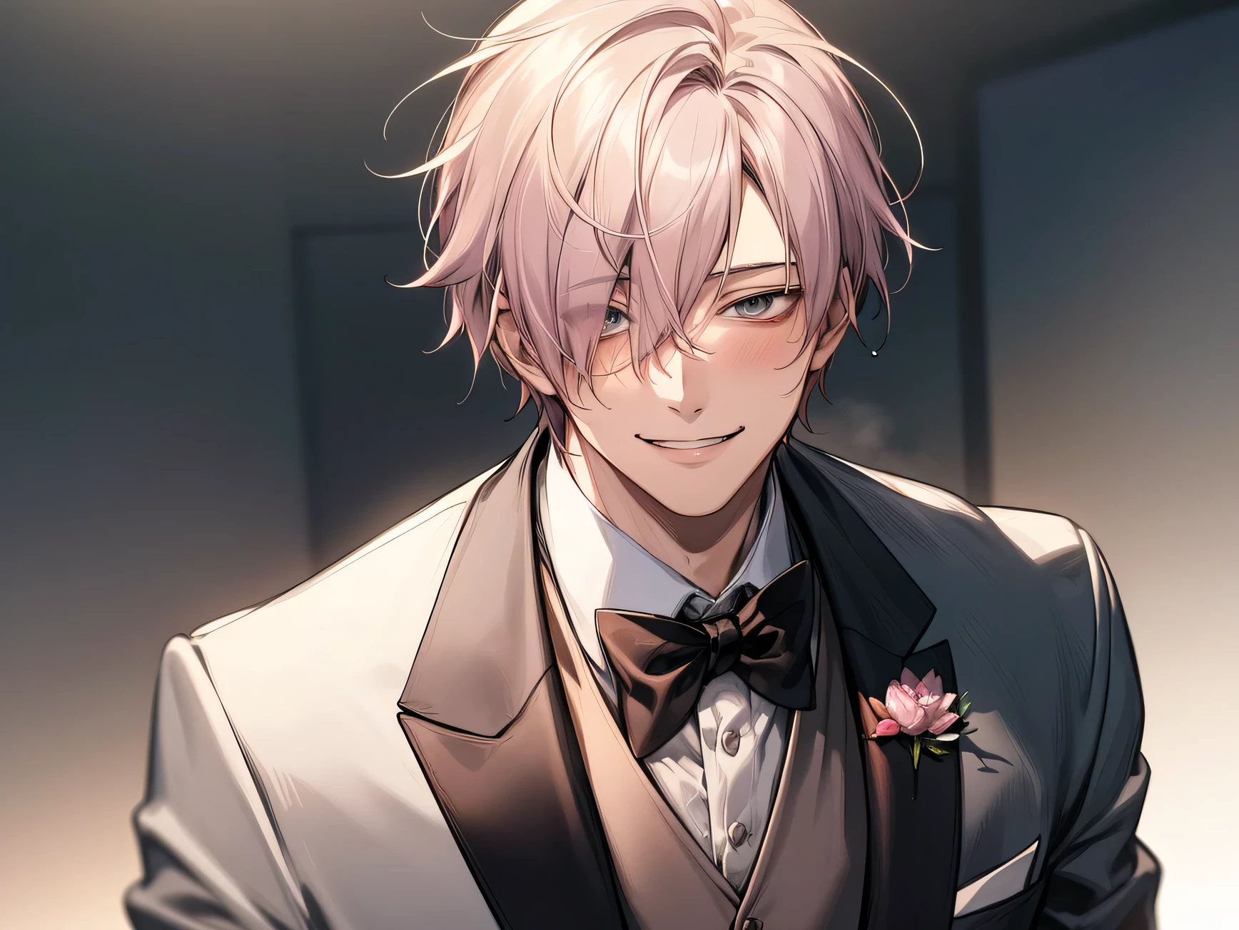 masterpiece,Face close-up,Angle from below,male, 20-year-old,(male1 person)、solo,Adult,Tea-colored hair,mash,Droopy eyes,Lewd Eyes,White tuxedo,sweating,,smile,Background Spotlight