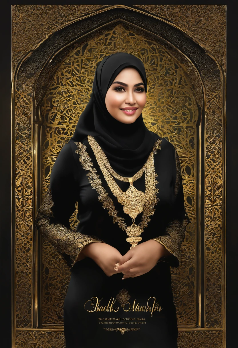 a realistic photo of an smiling Indonesian Muslim hijab woman wearing black Muslim shirts kebaya berendra batik full color. infront 3d mosque with intricate gold engravings with front hands like namaste. with the words "SELAMAT MAKAN SAHUR" big emboss text. there is green ketupat, string lights, moons and stars made of gold surounding the text. grey background