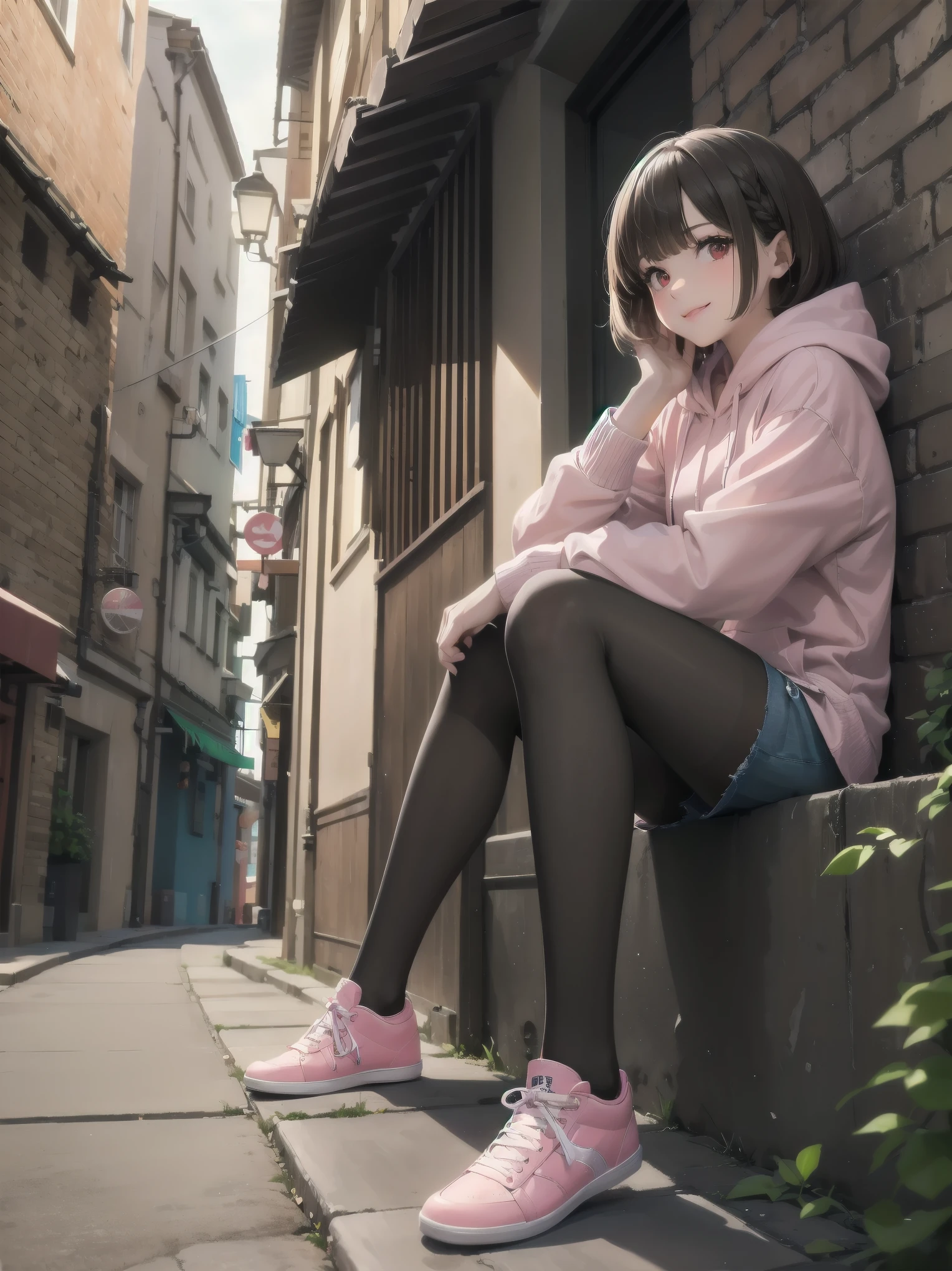 masterpiece, highest quality,Shiny,Abuse of chromatic aberration,pastel colour,whole body,Wide Shot,Perfect Eyes、 One girl,alone, ,Bob cut braids,Red eyes,Brown Hair,smile, View your viewers,Immature girl, architecture,wood,alley,Cobblestones,Sitting, with own hands, Pink hoodie, Black pantyhose,Denim shorts
