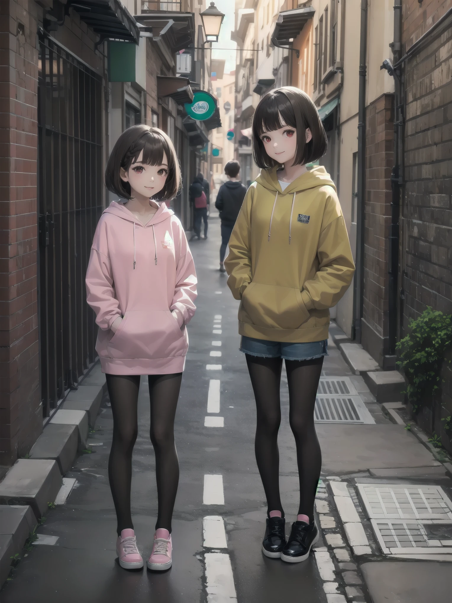 masterpiece, highest quality,Shiny,Abuse of chromatic aberration,pastel colour,whole body,Wide Shot,Perfect Eyes、 One girl,alone, ,Bob cut braids,Red eyes,Brown Hair,smile, View your viewers,Immature girl, architecture,wood,alley,Cobblestones,Sitting, with own hands, Pink hoodie, Black pantyhose,Denim shorts