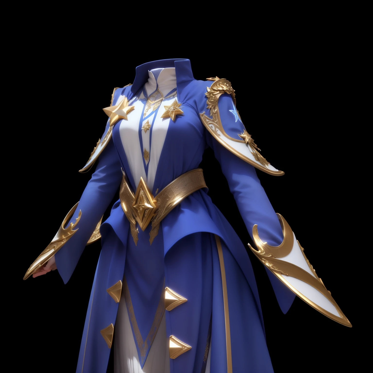 Close-up of a blue and white metallic dress,There is a star on it,,Pleated detailing,Pattern details,Fabric texture,Regal dark blue dress, robe,Leather belt, Extremely high detail,metallic feel,Metallic luster,4K,High precision,Gorgeous and exquisite clothing,3D,High precision