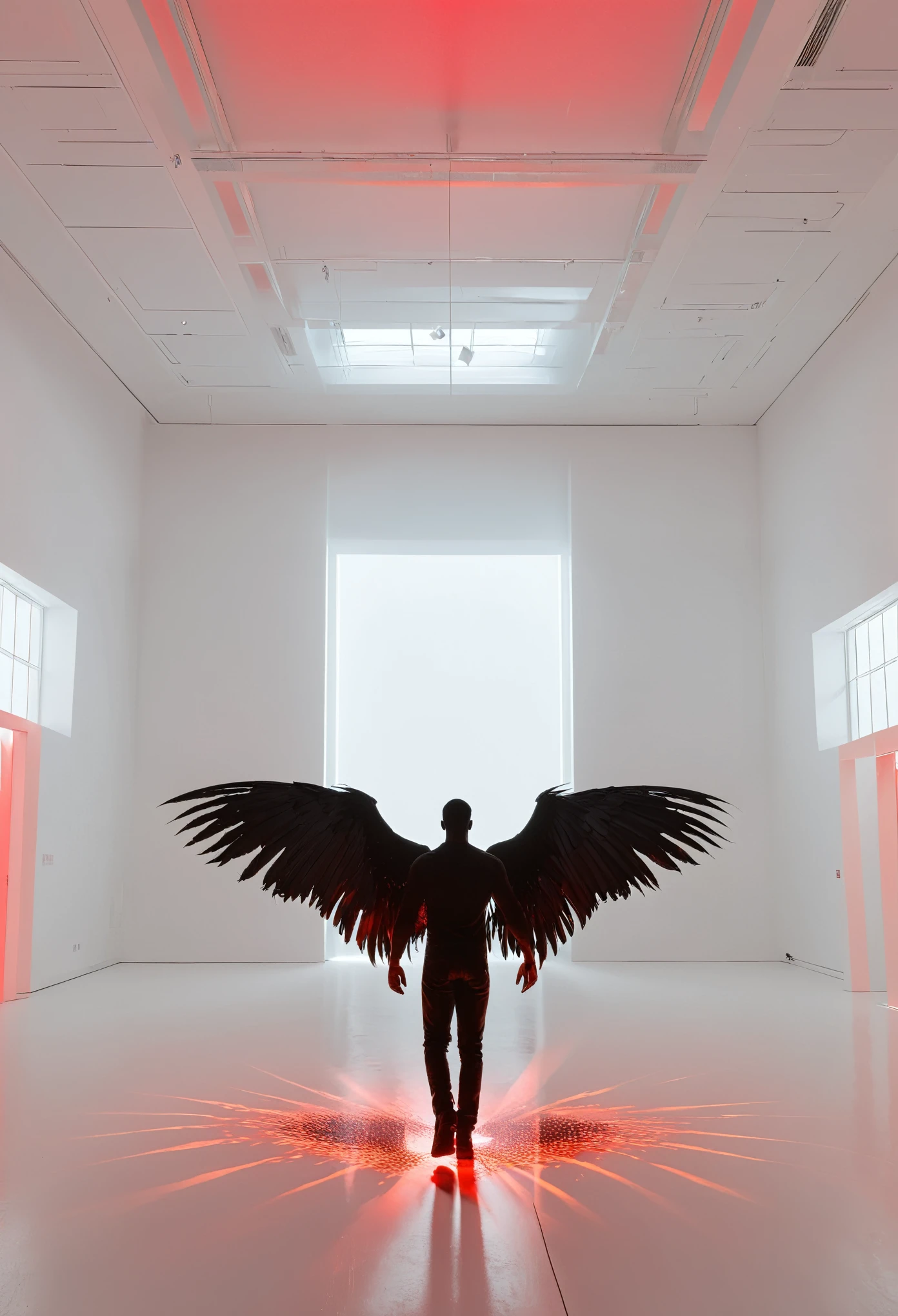 hyper realistic hyper detailed a black shadow of a man with huge black wings in a large white room has a glowing red light emitting super bright red light and shimmering specks of red light around the pristine white room