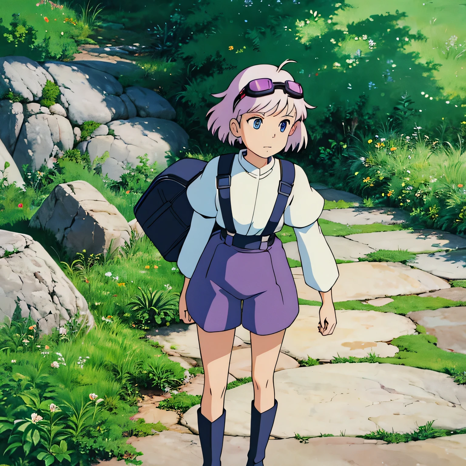 girl with short white mullet hair. blue eyes. her shirt is white with purple long sleeves (not tucked in). it has red cherry design at the center. Her shorts are purple. Her boots are white. she has a rocket-shaped backpack. She has heart-shaped goggles on top of her head