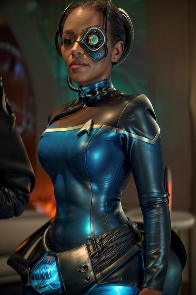 (black woman wearing blue sci-fi uniform, veins, borg, eyepatch, cable, luma, rosalina, detailed face, detailed eyes, detailed lips, metal texture, glowing lights, James Daly art style) (best quality, ultra-detailed, photorealistic), professional, HDR, vivid colors, sharp focus, studio lighting