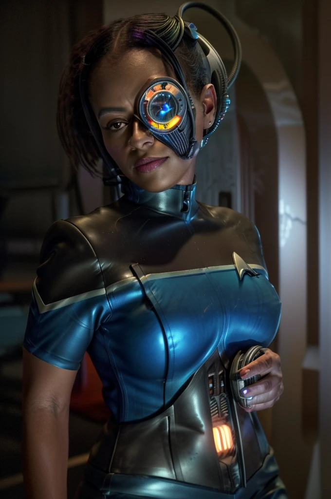 (black woman wearing blue sci-fi uniform, veins, borg, eyepatch, cable, luma, rosalina, detailed face, detailed eyes, detailed lips, metal texture, glowing lights, James Daly art style) (best quality, ultra-detailed, photorealistic), professional, HDR, vivid colors, sharp focus, studio lighting