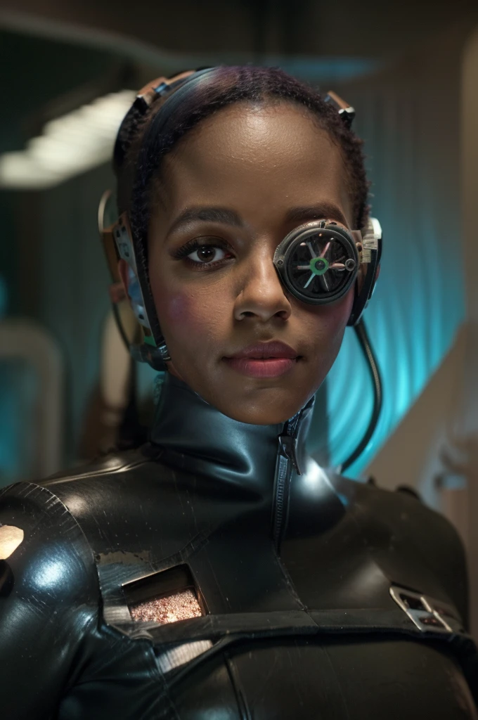 best quality, 4k, ultra-detailed, realistic, blue military uniform, black woman, veins, borg, eyepatch, cable, luma, rosalina, detailed face, detailed eyes, detailed lips, metal texture, sci-fi, glowing lights