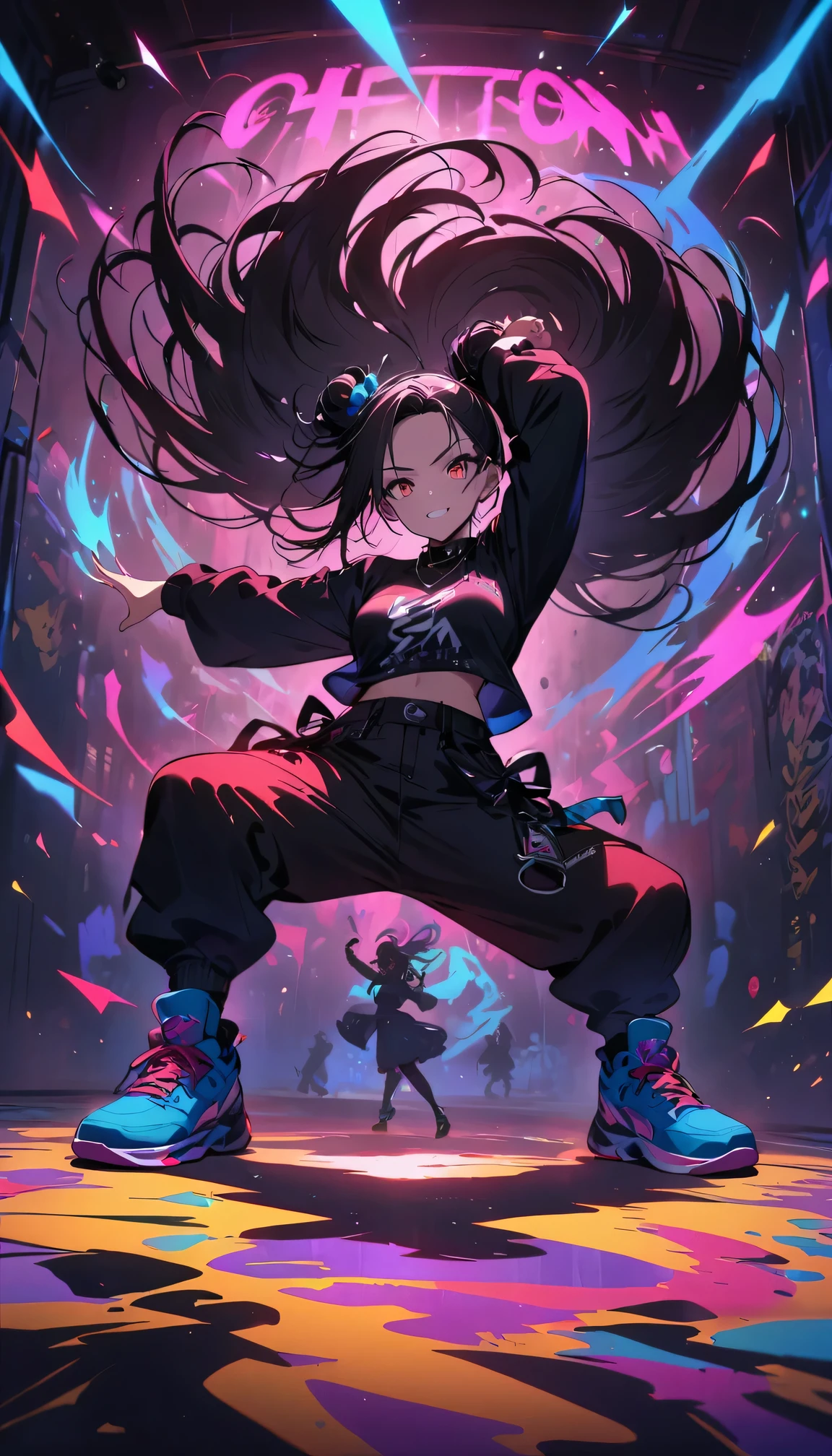 (best quality,4k,8k,highres,masterpiece:1.2),ultra-detailed,A hip-hop idol on stage,hip-hop style clothing,attention to detail,energetic atmosphere,expressive dance moves,highly intense performance,Dynamic stage lighting,cool graffiti backdrop,colorful sneakers,dynamic camera angles,body popping and locking,fierce breakdance,Unapologetic attitude，Otherworldly characters，Otherworldly gestures，confident demeanor，Contagious energy，,slick dance routines,high-energy hip-hop performance