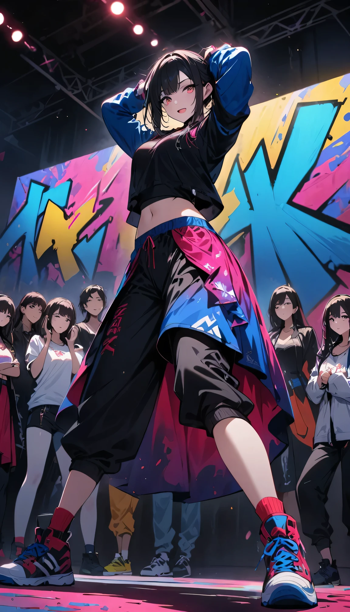 (best quality,4k,8k,highres,masterpiece:1.2),ultra-detailed,A hip-hop idol on stage,hip-hop style clothing,attention to detail,energetic atmosphere,expressive dance moves,highly intense performance,Dynamic stage lighting,cool graffiti backdrop,colorful sneakers,dynamic camera angles,body popping and locking,fierce breakdance,Unapologetic attitude，Otherworldly characters，Otherworldly gestures，confident demeanor，Contagious energy，,slick dance routines,high-energy hip-hop performance